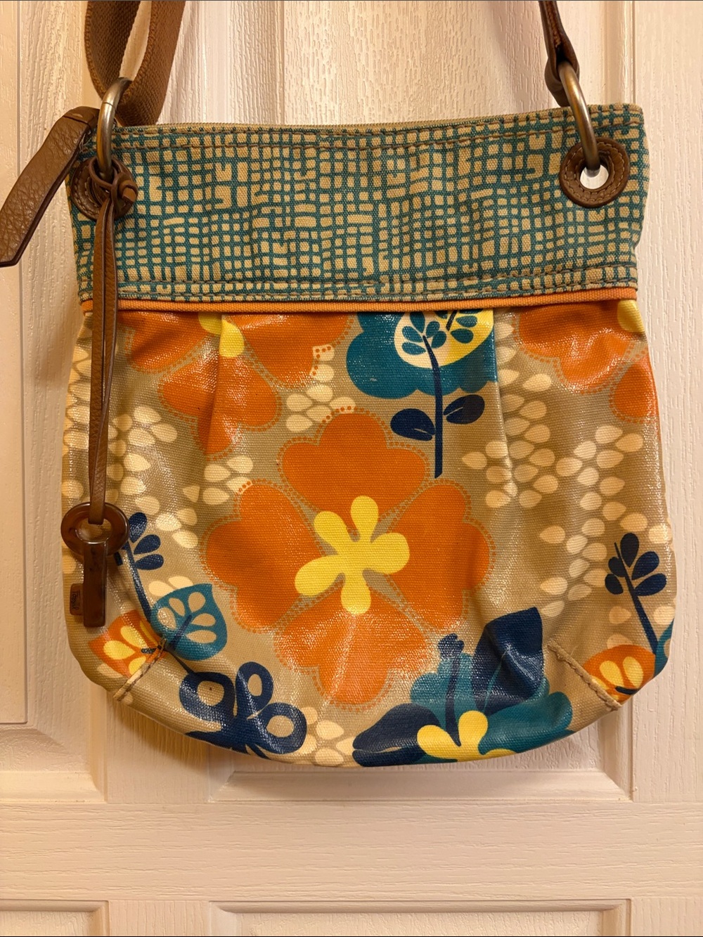 Vintage Fossil Key-Per Orange, Teal & Navy Floral Crossbody Bag